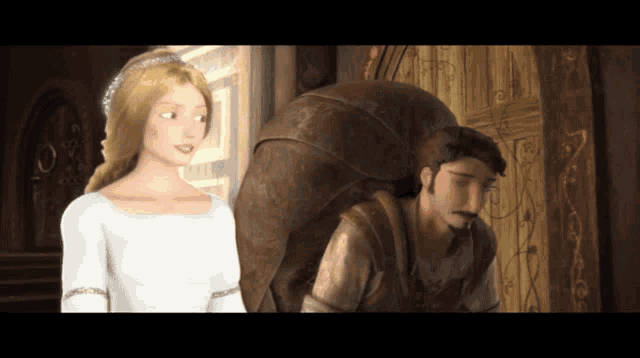 a woman in a white dress stands next to a man with a mustache