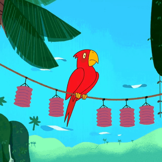 a cartoon of a red parrot sitting on a string of lanterns