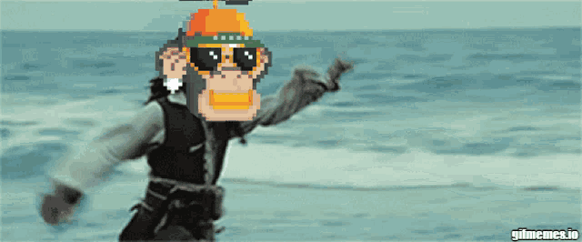 a pixel art of a monkey wearing sunglasses and a hat standing on a beach