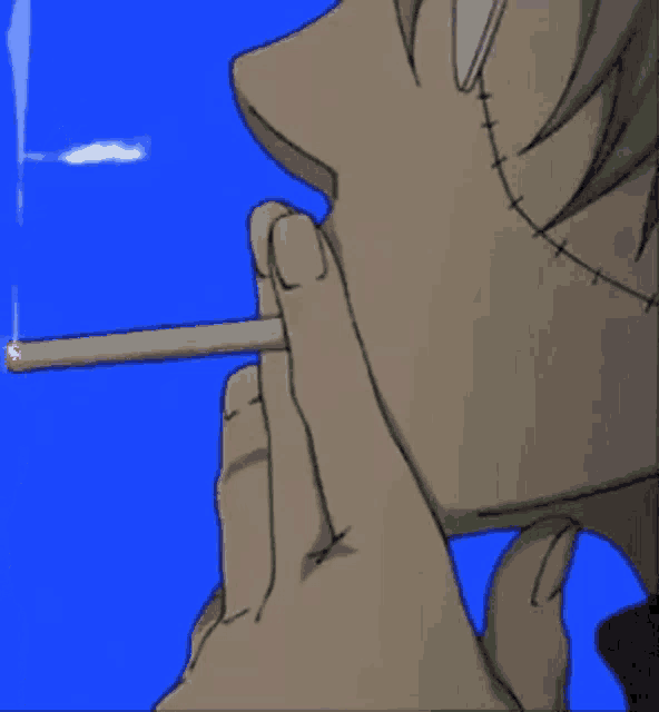 a blue sky with white clouds and a man in a trench coat