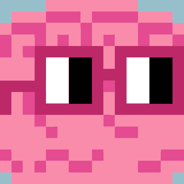 a pixel art drawing of a pink pig 's face with black and white eyes .