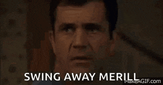a man is standing in front of another man and saying `` swing away meril '' .