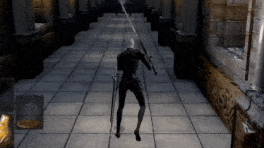 a skeleton holding a sword in a hallway in a video game