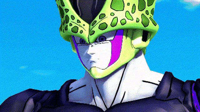 a close up of a cartoon character with a green and purple helmet