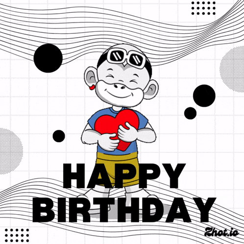 a cartoon of a boy holding a heart with the words happy birthday below him