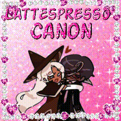a couple of cartoon characters hugging each other on a pink background with the words battespresso canon written on it .