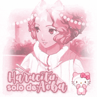 a picture of a girl with a hello kitty behind her that says harrieta solo de aicha
