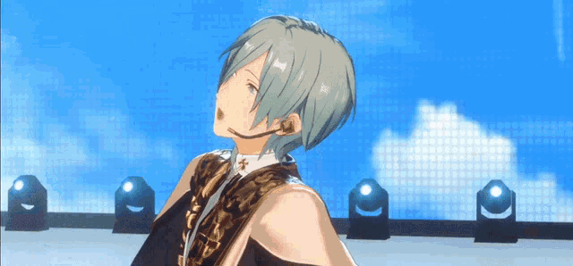 a cartoon character with a microphone on his head stands in front of a blue sky