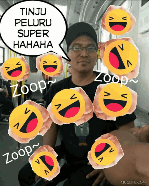 a man is surrounded by smiley faces and a speech bubble that says zoop