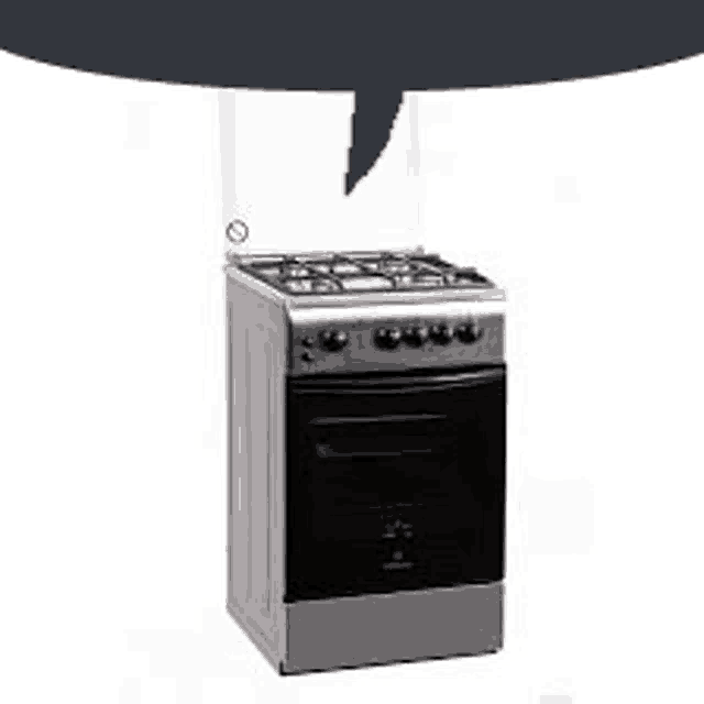 a gas stove with a black oven and a speech bubble above it .
