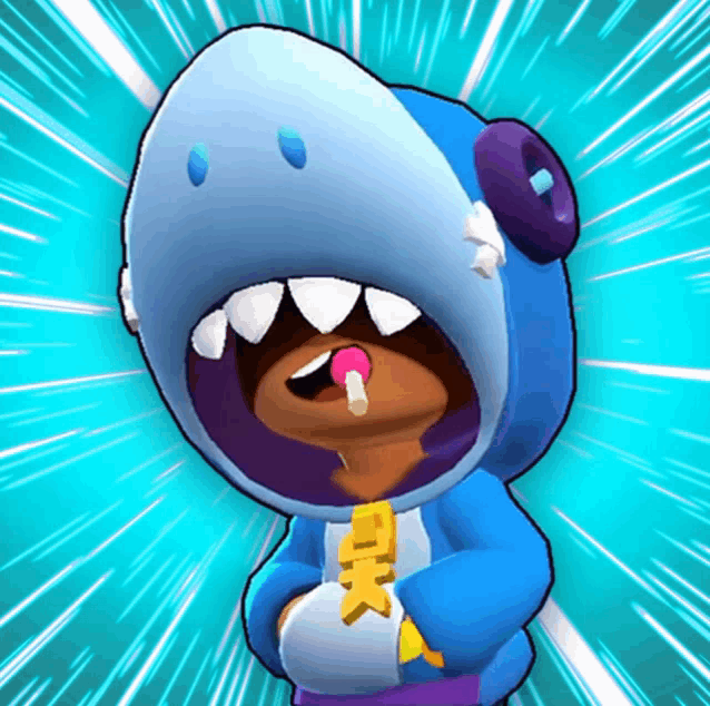 a cartoon character is wearing a shark costume and holding a lollipop in his mouth