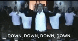 a group of men are standing in a room with their arms outstretched and the words down down down down written on the bottom