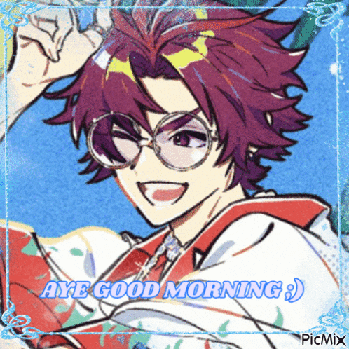 a picture of a boy with glasses and the words aye good morning on it