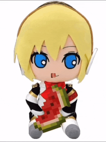 a stuffed anime character holding a watermelon