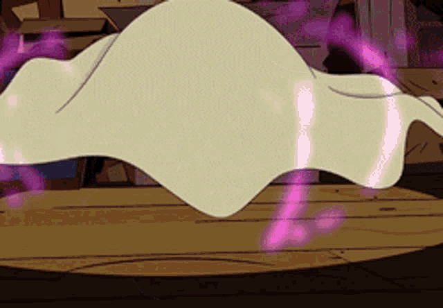 a cartoon drawing of a person laying on a wooden floor with purple lights coming out of it