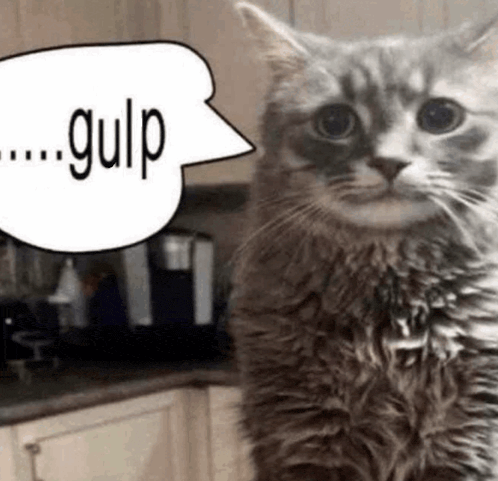 a cat is standing in a kitchen with a speech bubble saying gulp .