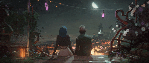 a man and a woman sit on a balcony looking at the moon