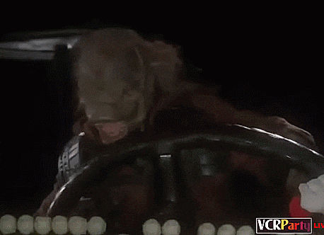 a picture of a monster driving a car with the words vcrparty in the corner
