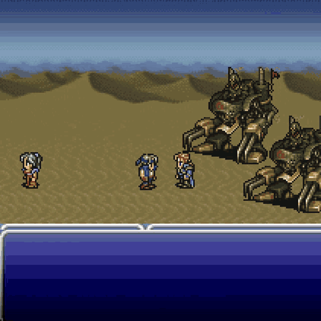 a video game scene with two characters and a giant robot