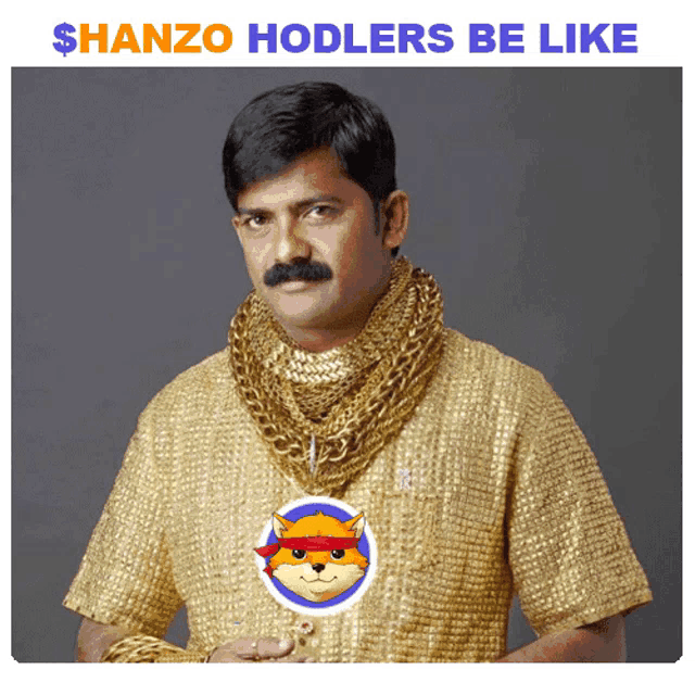 a man wearing a gold shirt and chains with a picture of a dog on his chest