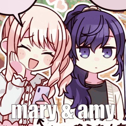 a cartoon of two girls with the words mary and amy on the bottom