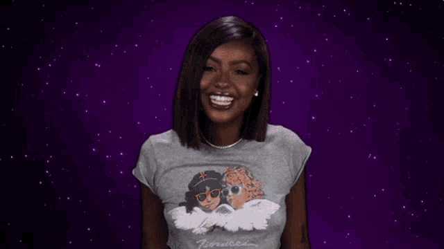 a woman in a crop top says yas bitch in purple