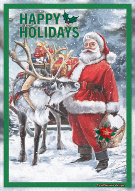 a christmas card with santa and reindeer and the words happy holidays on it