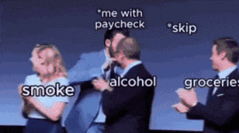 a group of people are dancing with the words smoke alcohol and groceries