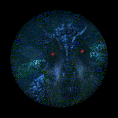 a painting of a monster with red eyes