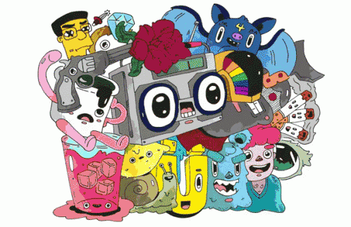 a cartoon drawing of a boombox surrounded by various characters