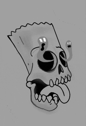a black and white drawing of bart simpson 's skull with ghosts coming out of it