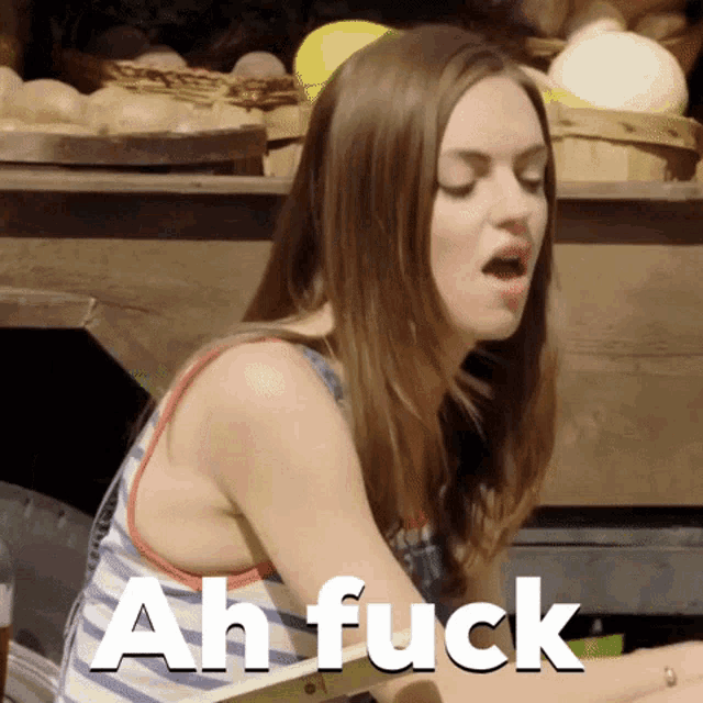 a woman with her mouth open and the words ah fuck below her