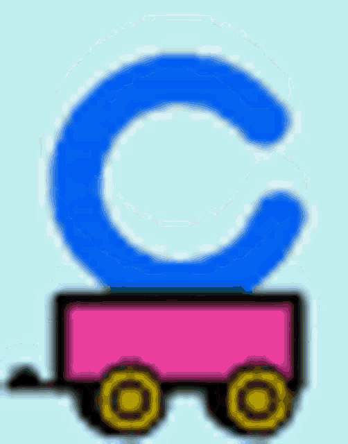 a blue letter c is sitting on top of a pink train .