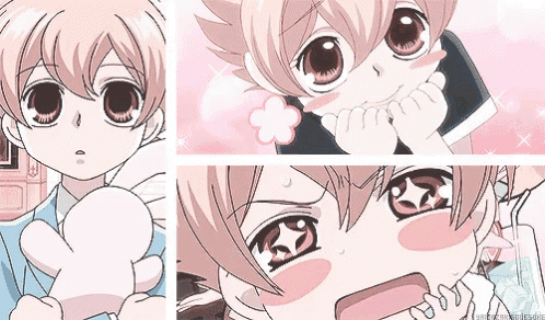 a collage of images of a girl with pink hair and big eyes