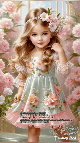 a painting of a little girl in a dress with flowers on her head
