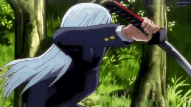a girl with long white hair is holding a sword in a forest .
