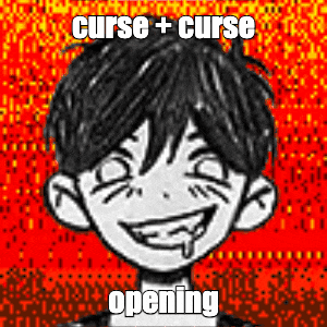 a black and white drawing of a boy with a smiley face and the words curse + curse opening .