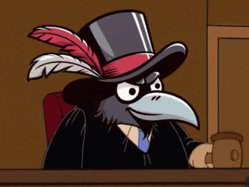 a cartoon of a judge wearing a top hat and feathers