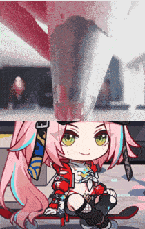 a girl with pink hair and green eyes is sitting on a skateboard ..