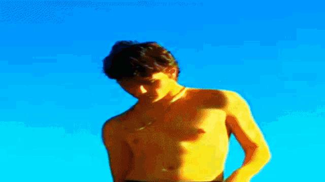 a shirtless man with a blue sky behind him