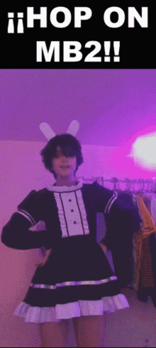 a girl wearing bunny ears and a maid dress is standing in front of a purple light ..