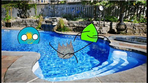 a cartoon drawing of a swimming pool with a blue circle and a green triangle