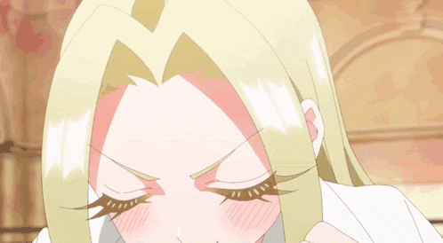 a close up of a blonde anime girl with her eyes closed and her mouth open