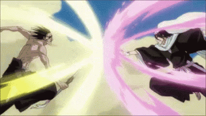 a man and a woman are fighting with swords in a bleach anime scene .