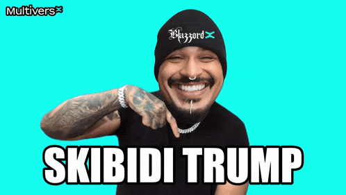 a man wearing a beanie and a black shirt is smiling and says skibidi trump