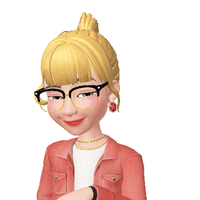 a cartoon girl wearing glasses and a pink jacket waving her hand