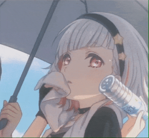 a girl holding an umbrella and a bottle of water that says ' ice ' on it