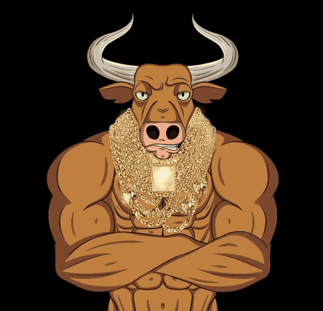 a bull with gold chains around his neck is standing with his arms crossed in front of a kill logo