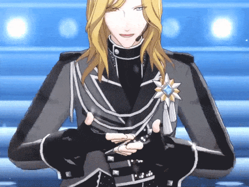 a man with long blonde hair is wearing a black jacket with a star on his chest