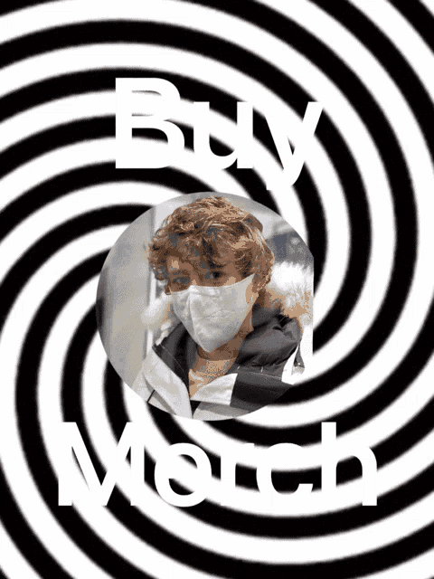 a man wearing a mask is surrounded by a black and white swirl and the words buy march